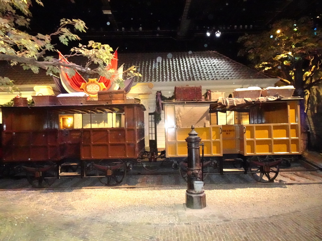 The steam locomotive `De Arend` and the railway station at the Grote Ontdekking attraction at the Spoorwegmuseum