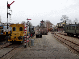Old trains and towers at the exterior Werkterrein area of the Spoorwegmuseum