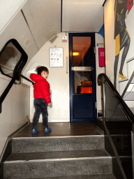 Max in a train at the `Treinen door de Tijd` exhibition at the Werkplaats hall of the Spoorwegmuseum