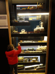 Max with scale models of trains at the Modellenmagazijn exhibition at the Spoorwegmuseum