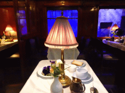 Interior of a train at the railway platform at the Droomreizen attraction at the Spoorwegmuseum