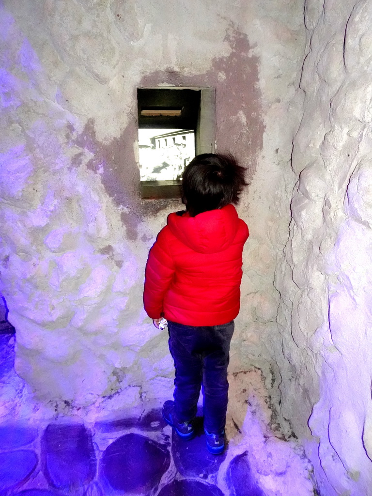 Max looking at a movie at an alley at the Droomreizen attraction at the Spoorwegmuseum