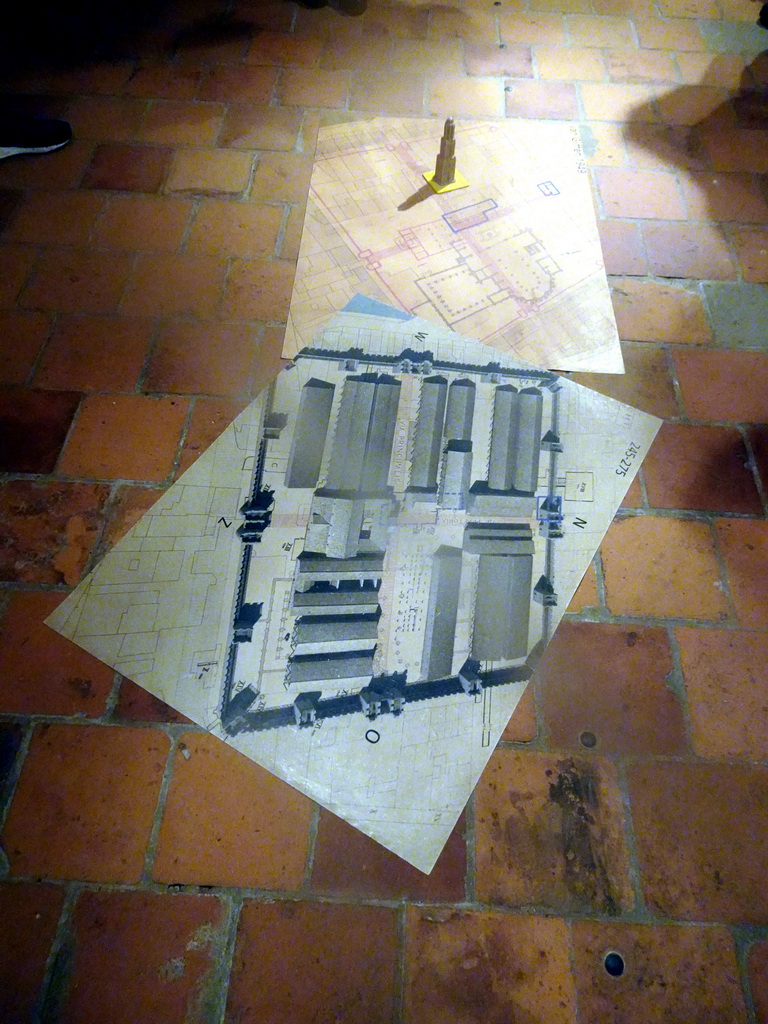 Old maps of the Domplein area and a scale model of the Dom Tower, at the introduction room of the DomUnder exhibition building