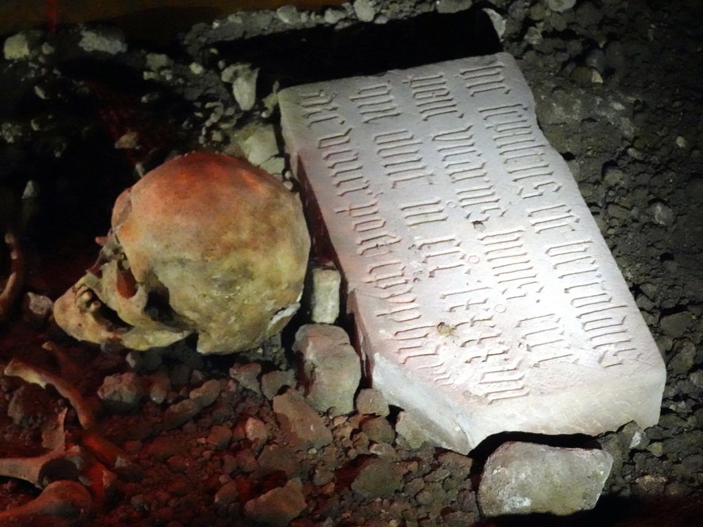 Skull and stone with inscriptions at a Roman grave at the DomUnder exhibition under the Domplein square