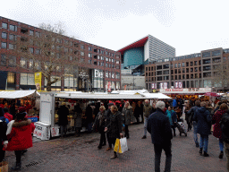 Market stalls at the Vredenburgplein square, the east side of the Hoog Catharijne shopping mall and the TivoliVredenburg concert hall