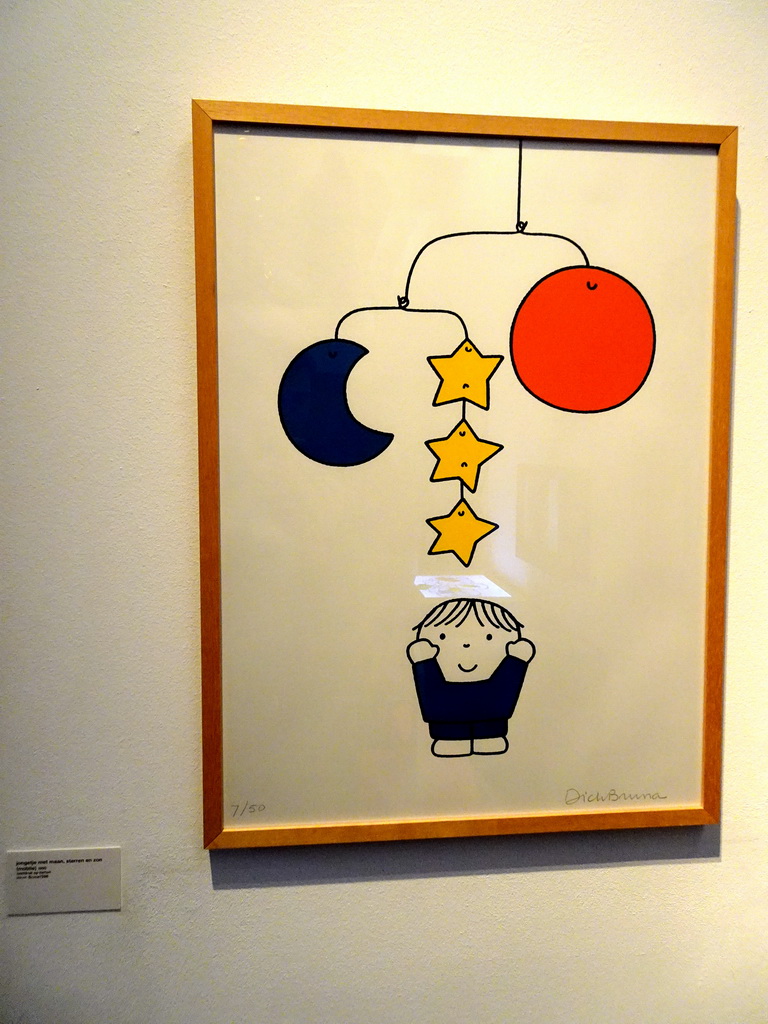 Drawing `Boy with moon, stars and sun` by Dick Bruna at the Museum Room at the ground floor of the Nijntje Winter Museum, with explanation