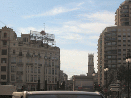 The Carrer de Xàtiva street and the tower of the Iglesia de Santa Catalina y San Agustín church, viewed from the Carrer d`Alacant street