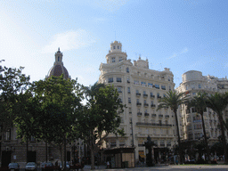 West side of the Plaça de l`Ajuntament square with the northeast side of the City Hall