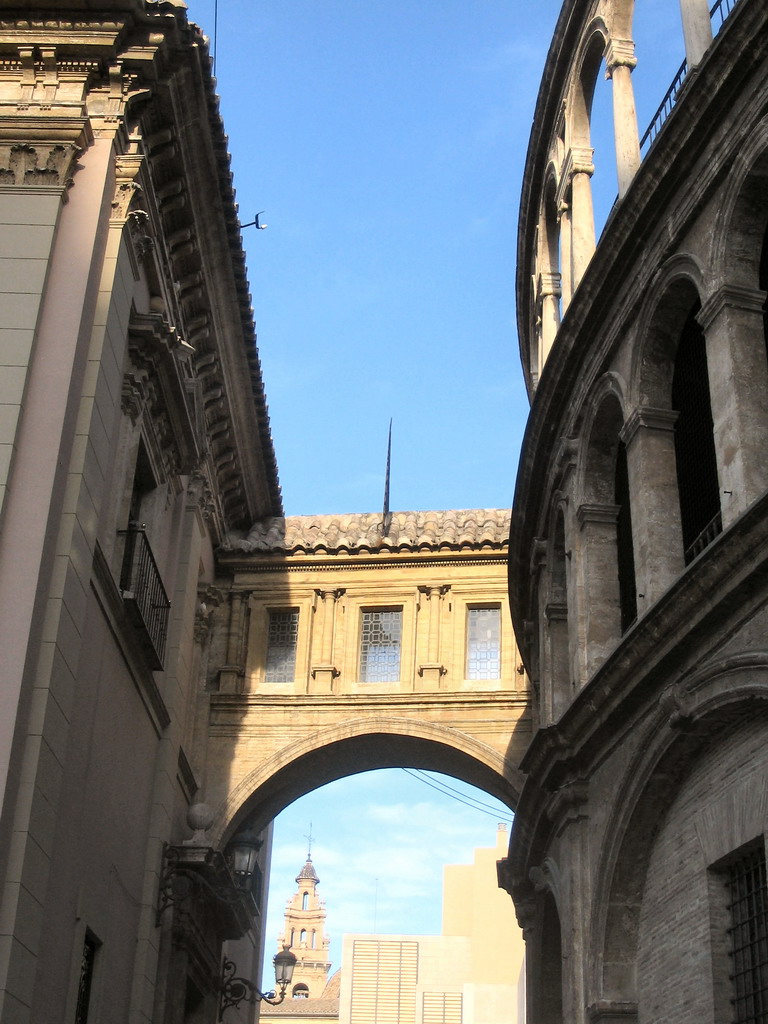 Pedestrian bridge from the Valencia Cathedral to the Basílica de la Mare de Déu dels Desemparats church at the Plaça de la Mare de Déu square