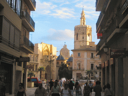 The Carrer de Navellos street and the Plaça de la Mare de Déu square with the northwest side of the Valencia Cathedral, at sunset