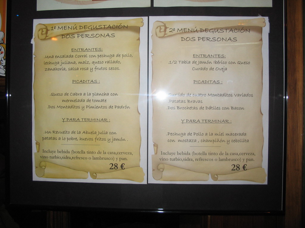 Menu of a restaurant in the city center