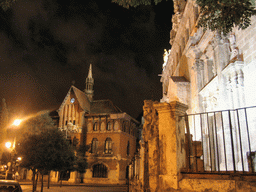 East side of the Iglesia de los Santos Juanes church and the north side of the Mercado Central market at the Plaça del Mercat square, by night