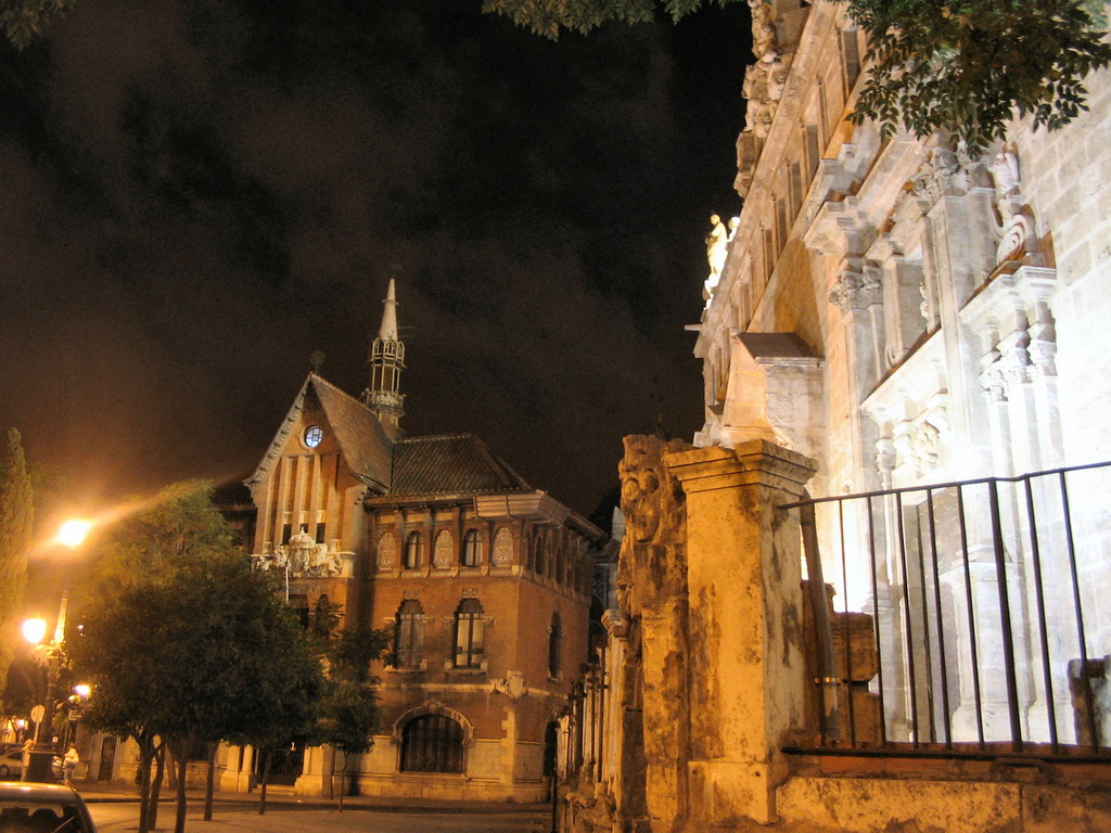 East side of the Iglesia de los Santos Juanes church and the north side of the Mercado Central market at the Plaça del Mercat square, by night