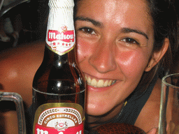 Our friend with a Mahou beer on a terrace at the beach at the east side of Valencia