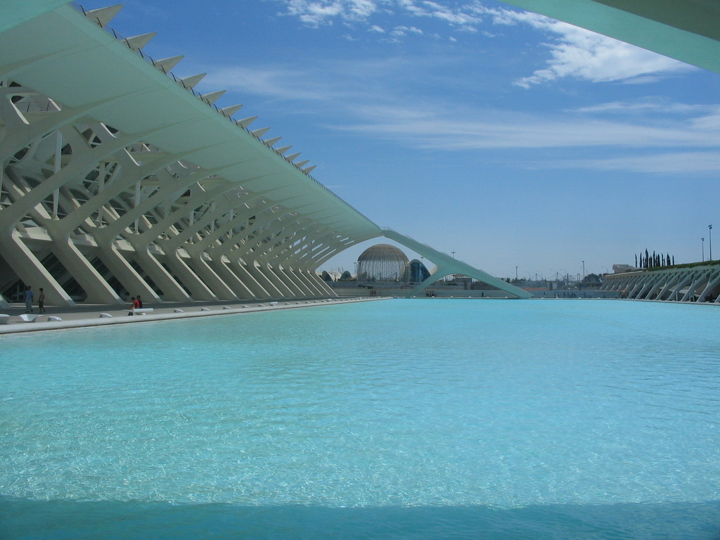 The pond at the southwest side of the Museu de les Ciències Príncipe Felipe museum and the Oceanogràfic aquarium with the Wetlands Aviary at the Ciudad de las Artes y las Ciencias complex