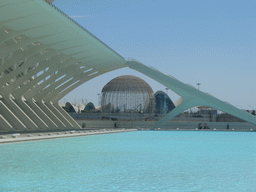 The pond at the southwest side of the Museu de les Ciències Príncipe Felipe museum and the Oceanogràfic aquarium with the Wetlands Aviary at the Ciudad de las Artes y las Ciencias complex