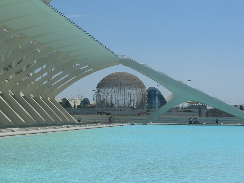 The pond at the southwest side of the Museu de les Ciències Príncipe Felipe museum and the Oceanogràfic aquarium with the Wetlands Aviary at the Ciudad de las Artes y las Ciencias complex