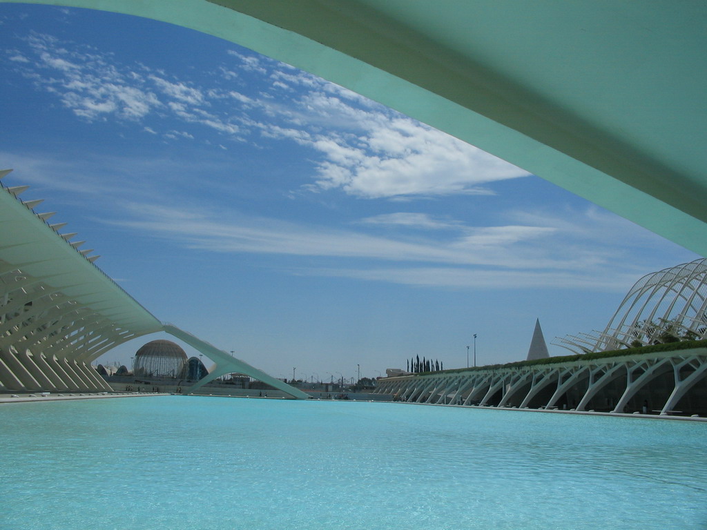 The pond at the southwest side of the Museu de les Ciències Príncipe Felipe museum and the Oceanogràfic aquarium with the Wetlands Aviary at the Ciudad de las Artes y las Ciencias complex