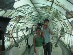 Tim and Miaomiao reflected in a mirror at the Museu de les Ciències Príncipe Felipe museum at the Ciudad de las Artes y las Ciencias complex