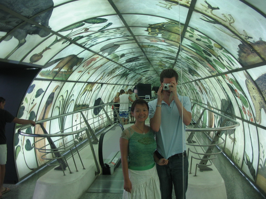 Tim and Miaomiao reflected in a mirror at the Museu de les Ciències Príncipe Felipe museum at the Ciudad de las Artes y las Ciencias complex