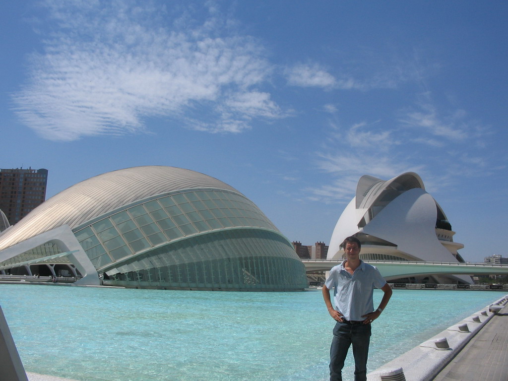 Tim in front of the pond at the northeast side of the Hemisfèric cinema and the Palau de les Arts Reina Sofia art center at the Ciudad de las Artes y las Ciencias complex