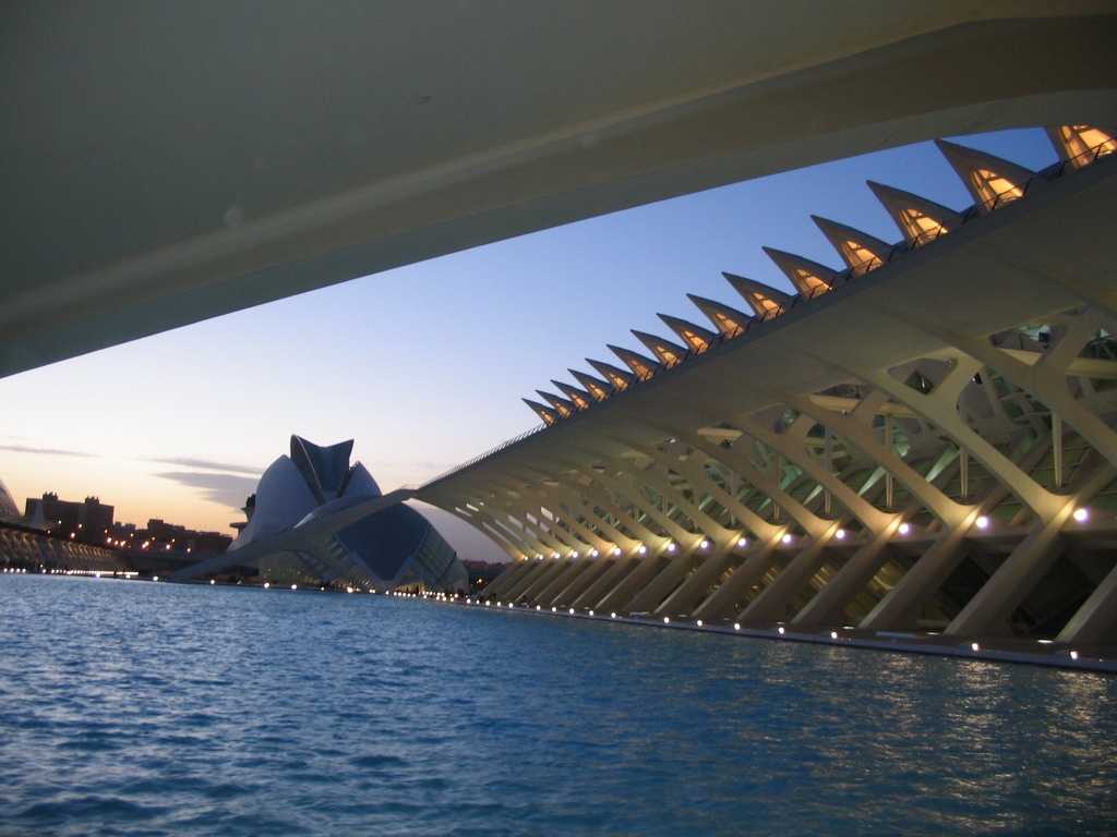 The pond at the southwest side of the Museu de les Ciències Príncipe Felipe museum, the Hemisfèric cinema and the Palau de les Arts Reina Sofia art center at the Ciudad de las Artes y las Ciencias complex, at sunset