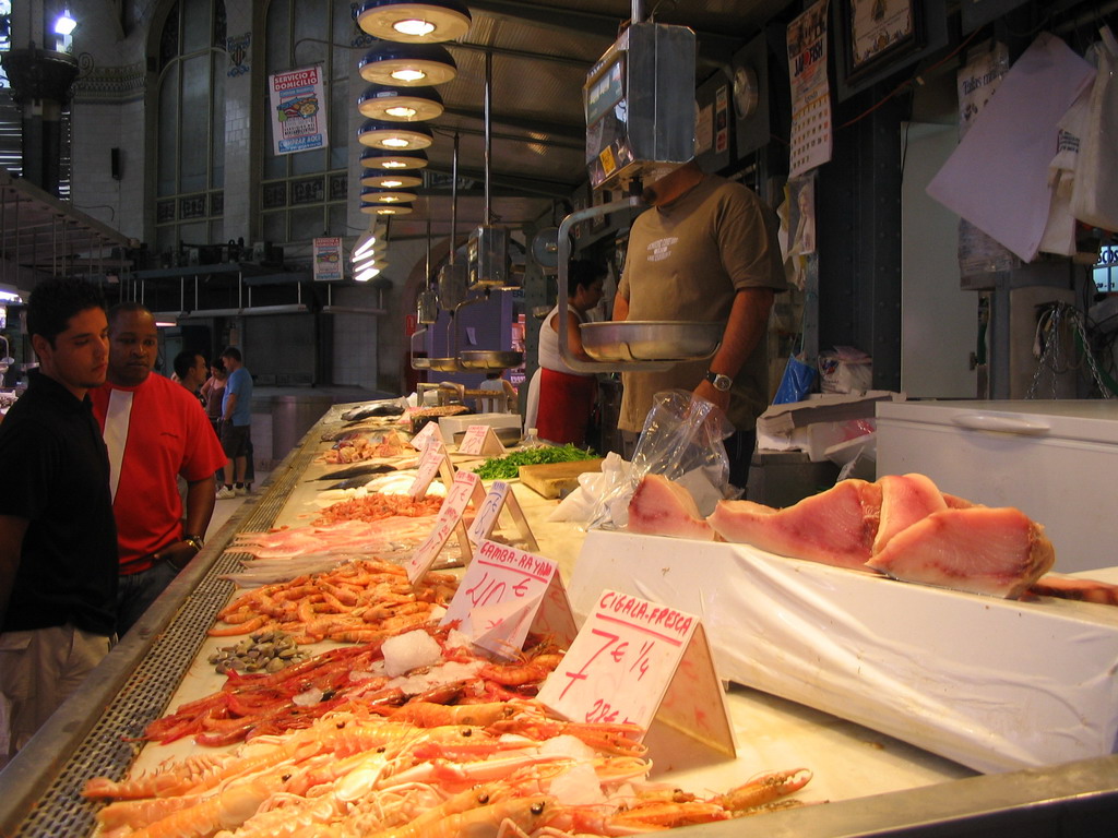 Shrimps and fish at a food stall at the Mercado Central market