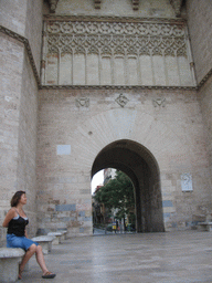 Miaomiao in front of the Torres de Serranos towers at the Carrer del Comte de Trénor street