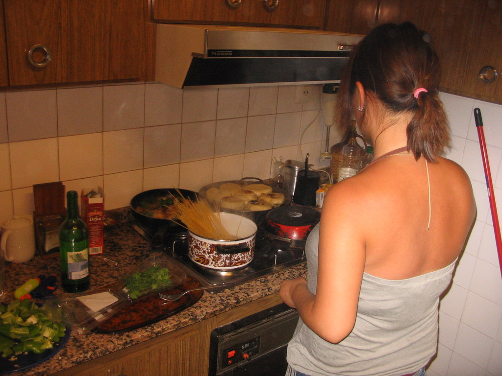 Miaomiao making dinner in our apartment in the suburbs