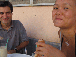 Miaomiao and a friend at the terrace of the Orxateria Joan restaurant