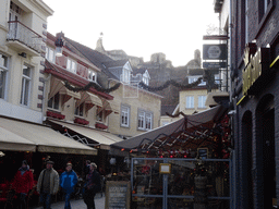 The Grotestraat Centrum street and the ruins of Valkenburg Castle