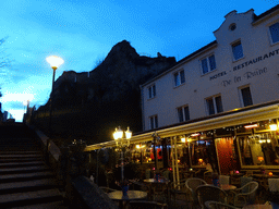 The staircase at the Van Meijlandstraat street and the ruins of Valkenburg Castle, at sunset