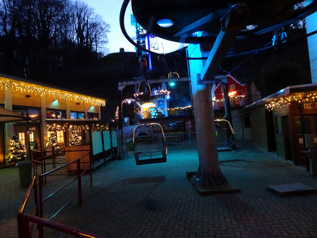 Funicular to the Wilhelmina Tower and entrance to the Winter Wonderland Valkenburg at the Wilhelmina Cave, at the Neerhem street, at sunset