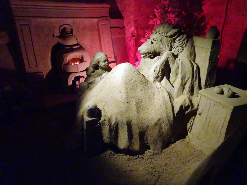 Sand sculpture of Little Red Riding Hood and the Big Bad Wolf, at the Winter Wonderland Valkenburg at the Wilhelmina Cave