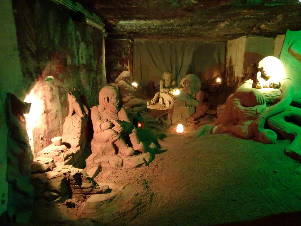 Sand sculpture of Snow White and the Seven Dwarfs, at the Winter Wonderland Valkenburg at the Wilhelmina Cave
