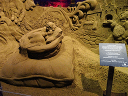 Sand sculptures of the Golden Goose and Thumbelina in a Nutshell, at the Winter Wonderland Valkenburg at the Wilhelmina Cave, with explanation