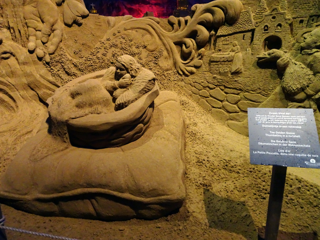 Sand sculptures of the Golden Goose and Thumbelina in a Nutshell, at the Winter Wonderland Valkenburg at the Wilhelmina Cave, with explanation