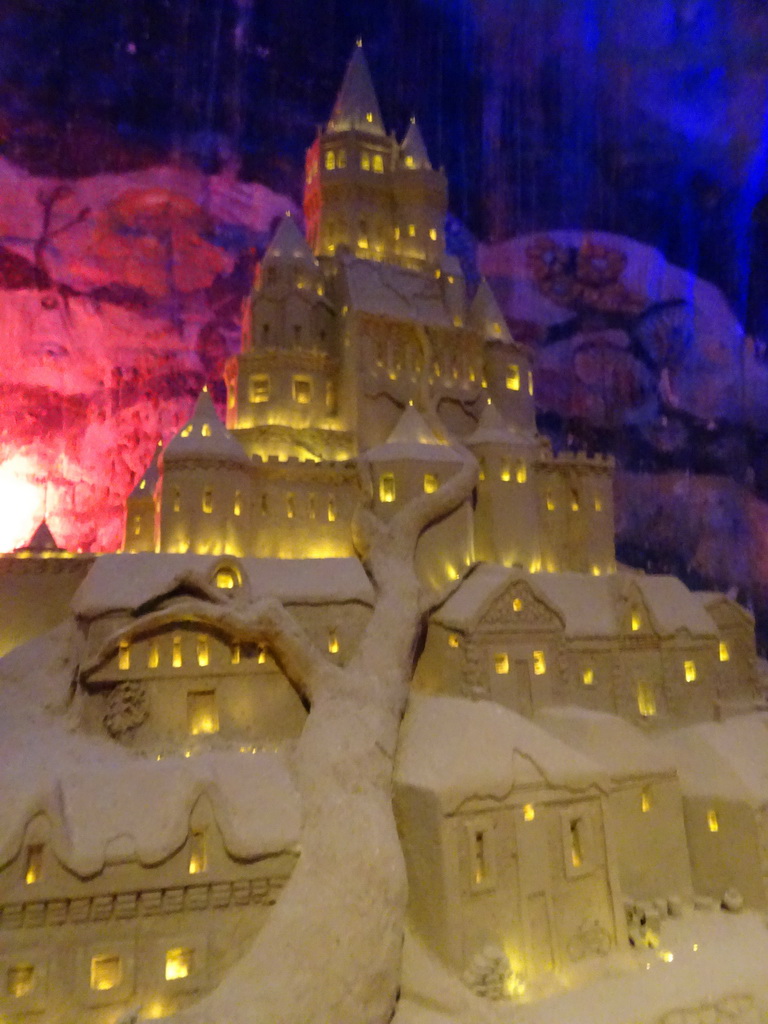 Sand sculpture of the right part of the Castle of Cinderella, at the Winter Wonderland Valkenburg at the Wilhelmina Cave