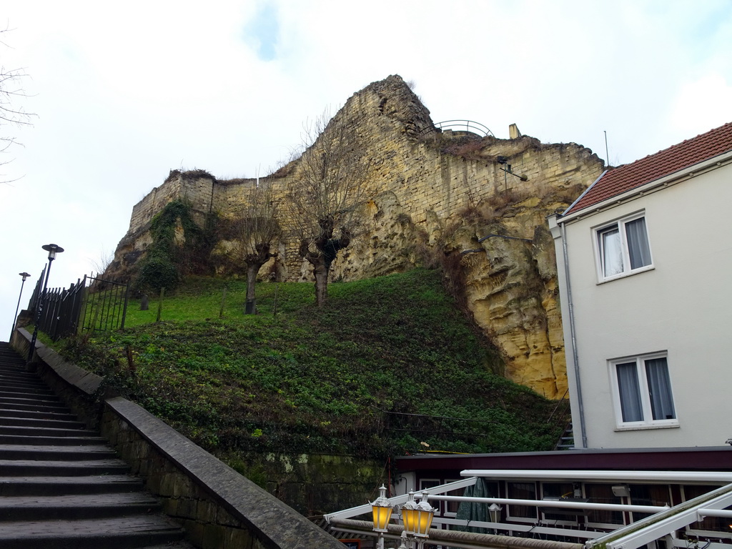 The ruins of Valkenburg Castle, viewed from the staircase at the Van Meijlandstraat street