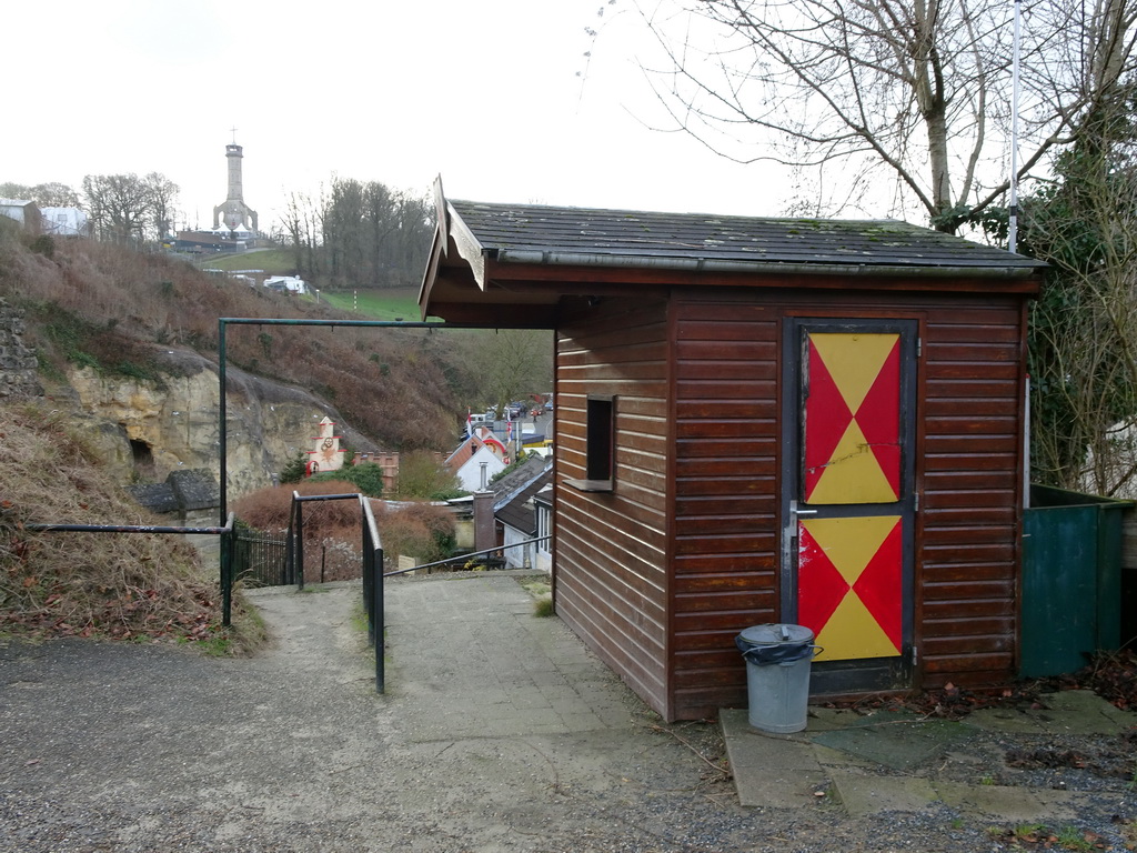 The Dwingelpoort gate at the ruins of Valkenburg Castle, with a view on the Wilhemina Tower