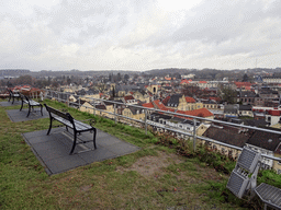 Viewing point at the east side of the ruins of Valkenburg Castle, with a view on the town center with the Church of St. Nicolas and St. Barbara and the Geulpoort gate