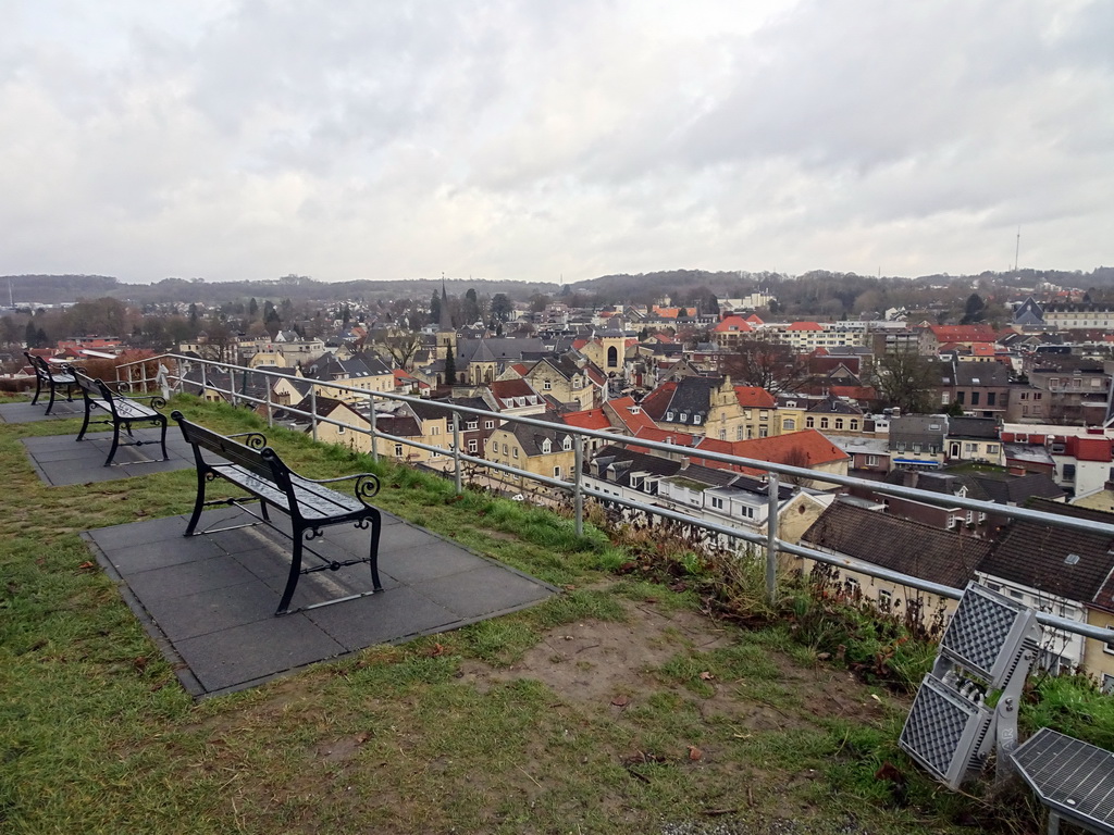 Viewing point at the east side of the ruins of Valkenburg Castle, with a view on the town center with the Church of St. Nicolas and St. Barbara and the Geulpoort gate