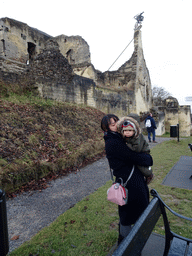 Miaomiao and Max at the east side of the ruins of Valkenburg Castle, with the weather vane