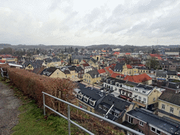 Viewing point at the east side of the ruins of Valkenburg Castle, with a view on the town center with the Church of St. Nicolas and St. Barbara and the Geulpoort gate