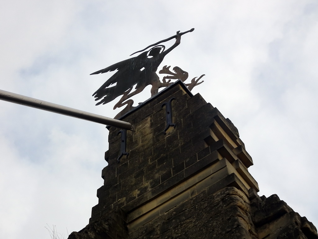 The weather vane at the ruins of Valkenburg Castle, viewed from a viewing point at the Artillery Room