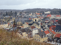 The town center with the Church of St. Nicolas and St. Barbara and the Geulpoort gate, viewed from the Knight`s Hall at the ruins of Valkenburg Castle