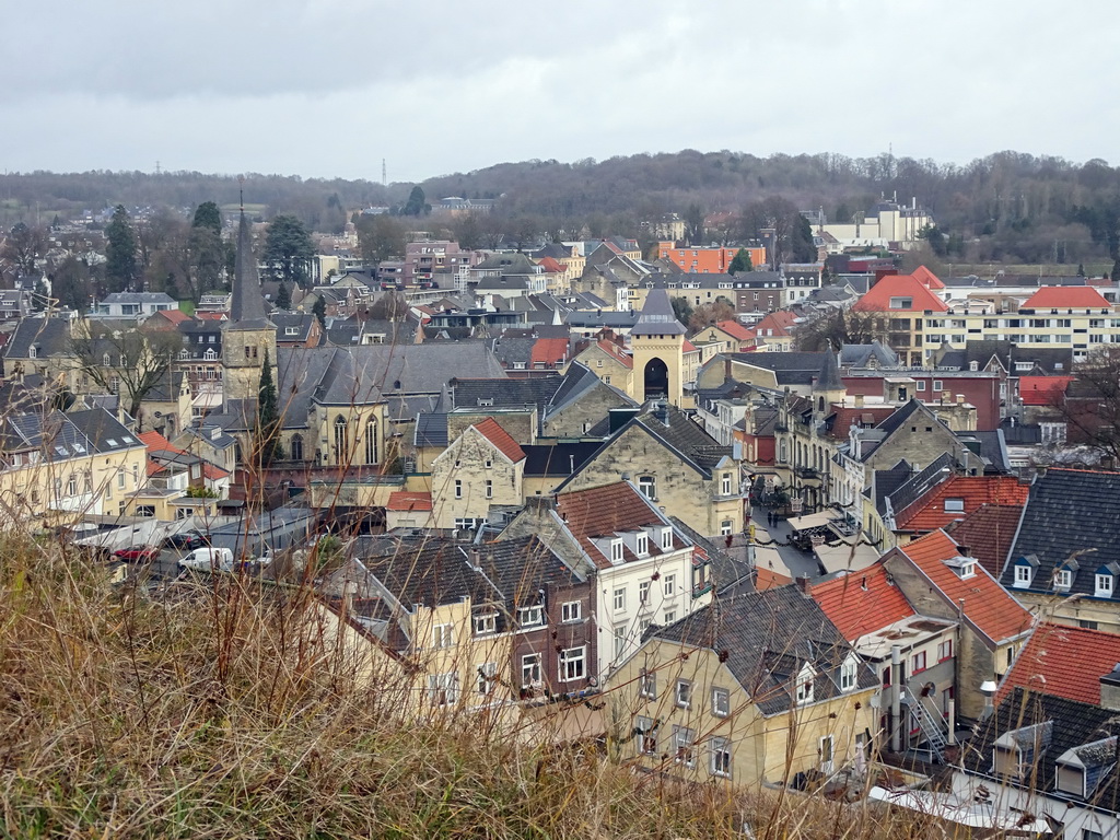 The town center with the Church of St. Nicolas and St. Barbara and the Geulpoort gate, viewed from the Knight`s Hall at the ruins of Valkenburg Castle