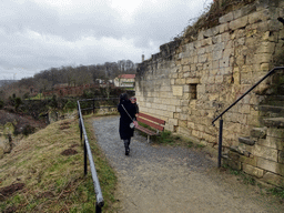 Miaomiao and Max at the Stair Tower at the ruins of Valkenburg Castle, with a view on the Wilhelmina Tower