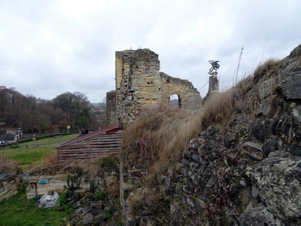 The Knight`s Hall and weather vane at the ruins of Valkenburg Castle, viewed from the Stair Tower