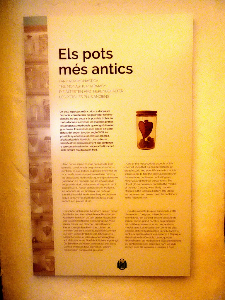 Information on the Monastic Pharmacy at the Carthusian Monastery Valldemossa museum